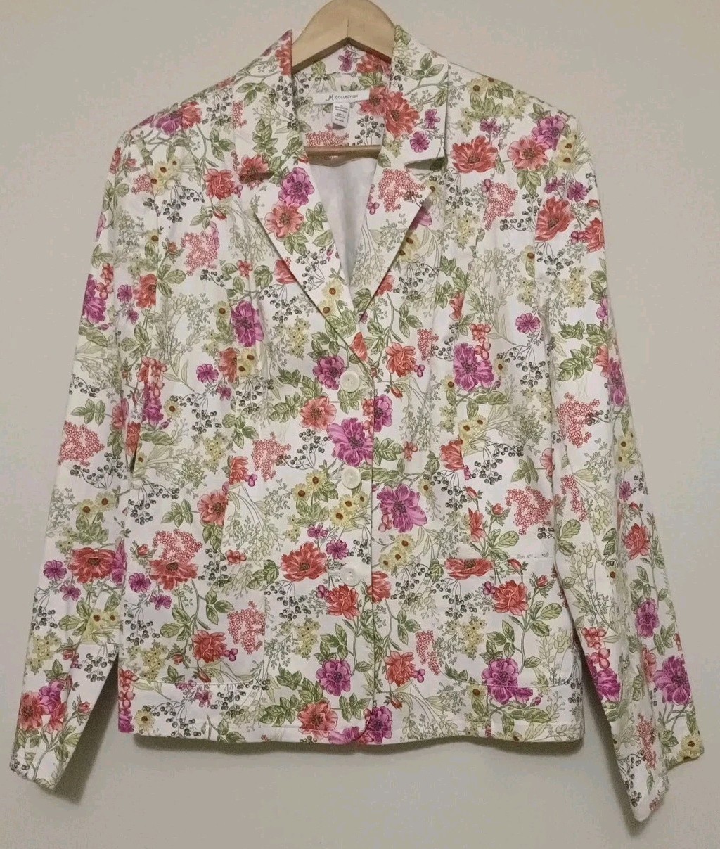 JM COLLECTION Spring FLORAL WHITE PINK COTTON BUTTONS DOWN BLAZER JACKET 16