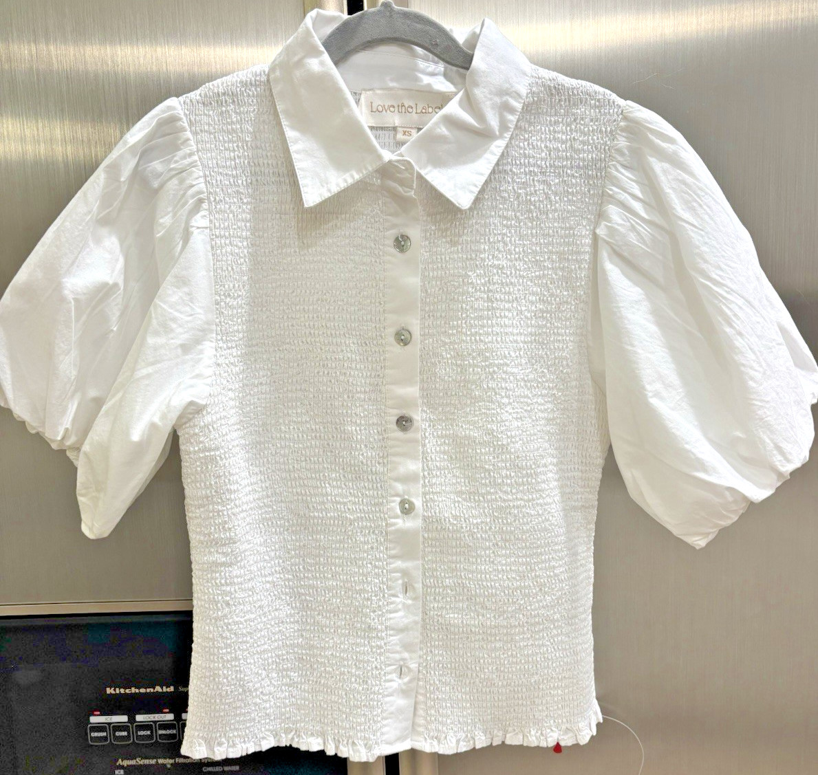 Love The Label White Smocked Puff Sleeve Blouse XS Cotton Button Front Top NWOT