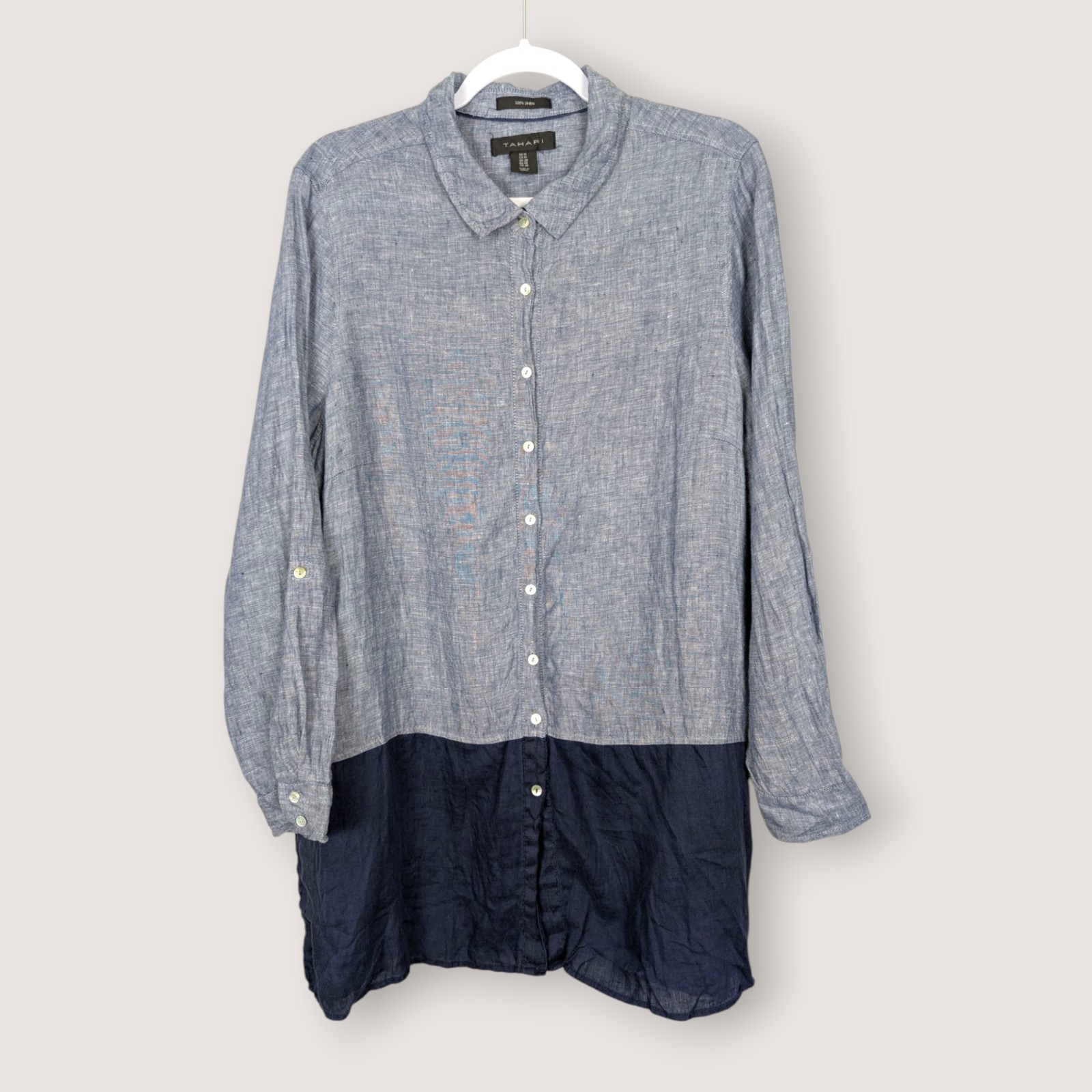 TAHARI Linen Shirt 1X Blue Colorblock Button Tunic Top
