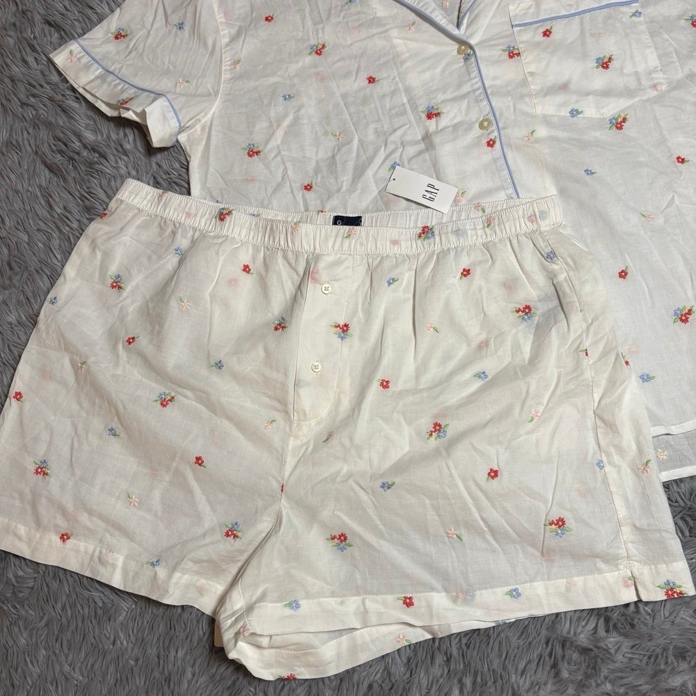 GAP Body Floral Embroidered Pajama Set White Cotton Womens Large Lounge Comfy