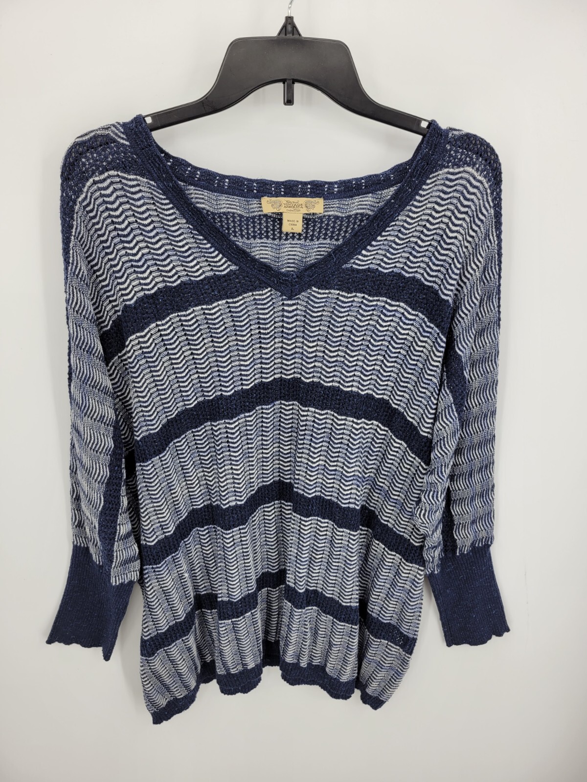 Vintage America Sweater Womens Large Bue Stripe Open Knit Boho V-Neck Pullover