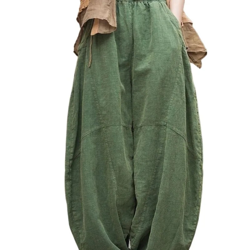 Elegant Women’s Cotton Linen Baggy Cargo y2k Pants Vintage Elastic Waist Trouser