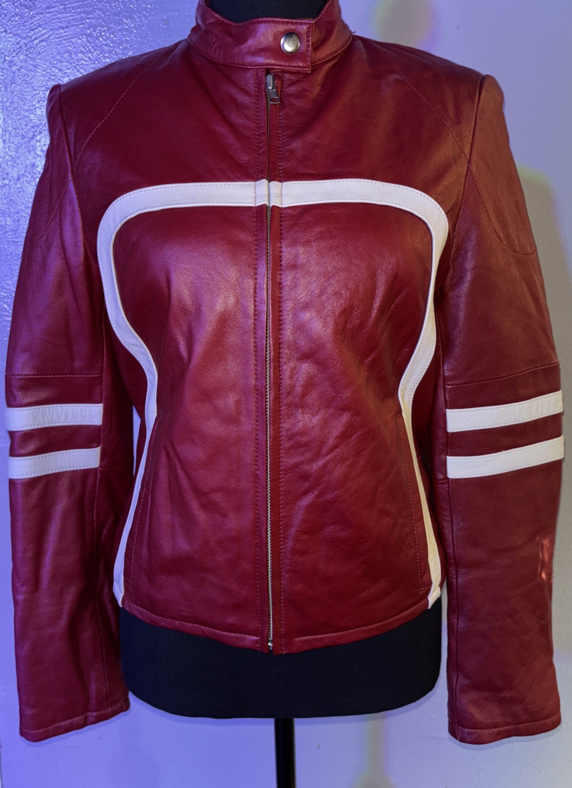 Wilsons Leather Maxima Jacket Women Red White Racing Stripe Moto SIZE S