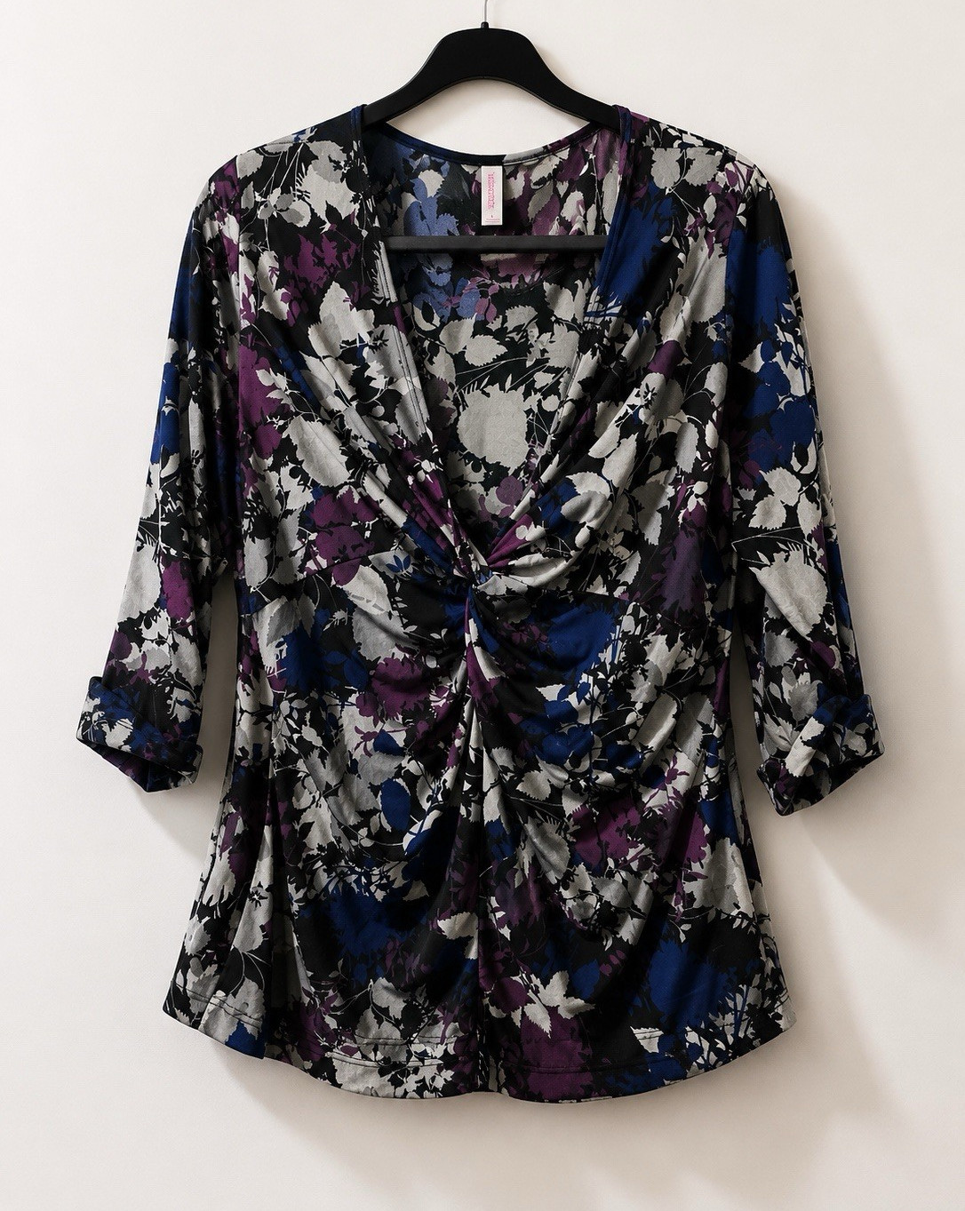 Women’s L Multicolor Floral V-Neck Draped Front Pullover Blouse 3/4 Sleeve