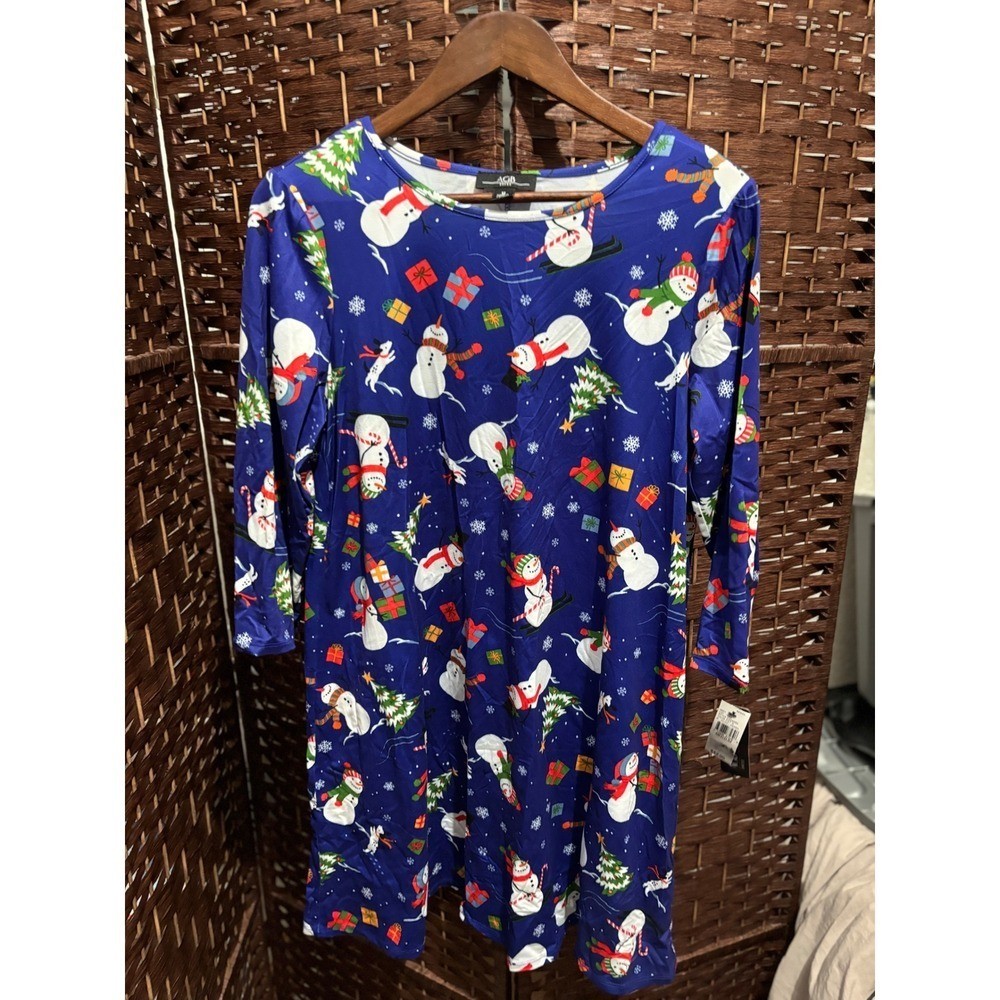 AGB Dress Womens Medium Blue Snowman Christmas Holiday 3/4 Sleeve