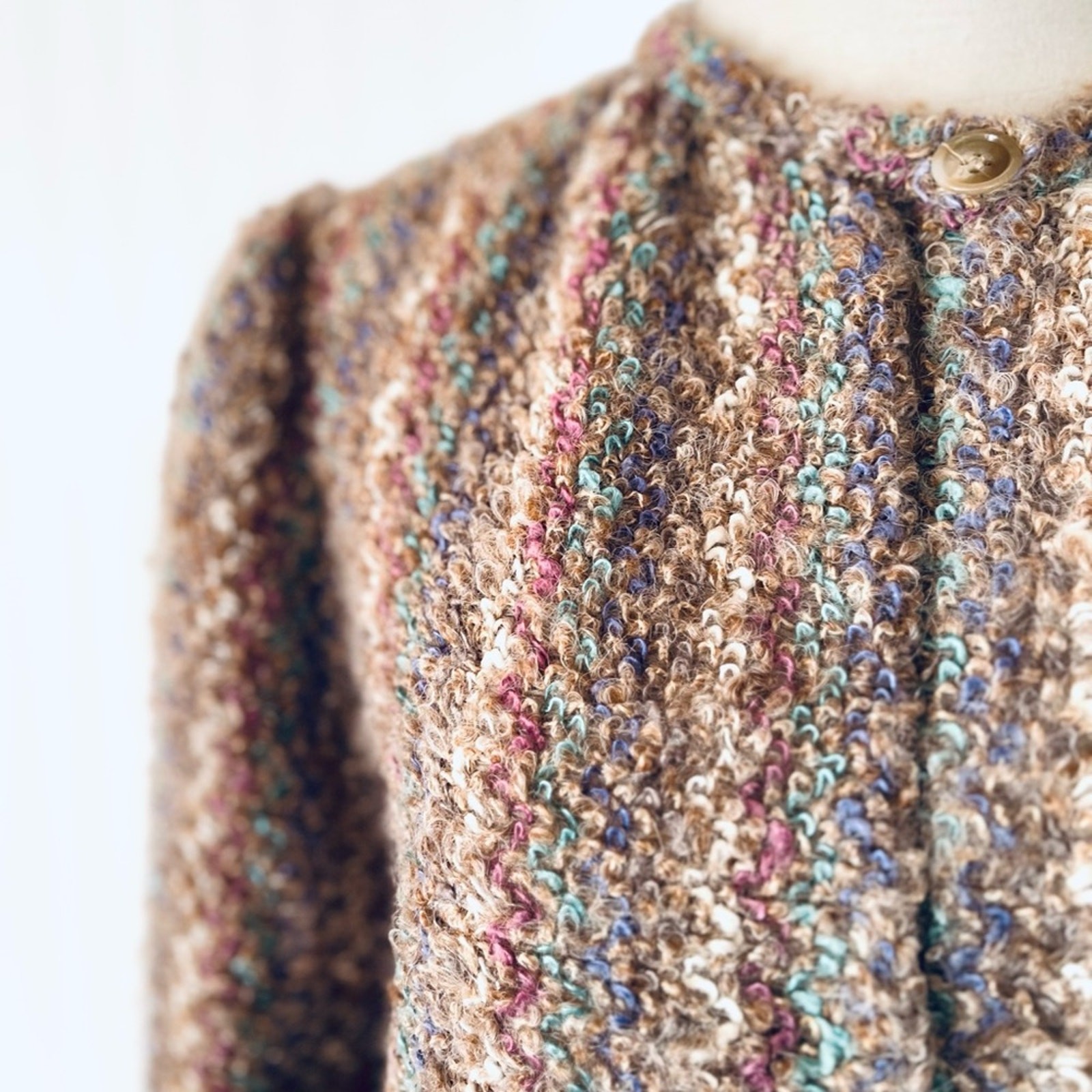 Vintage Fuzzy Lambswool Sweater Open Jacket Cardigan Size 10 Colorful Stripe Med
