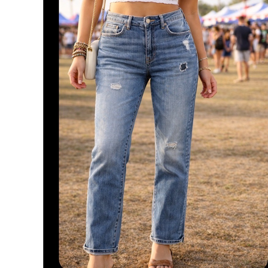 H&M Denim Boyfriend Jeans Low Waist Tapered Leg Straight Distressed Blue 27