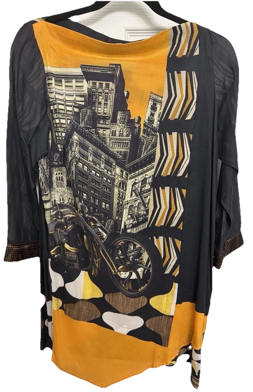 Almirah Geometric Linen Woven Tunic Blouse Round Neck 3/4 Sleeve M Black/Yellow