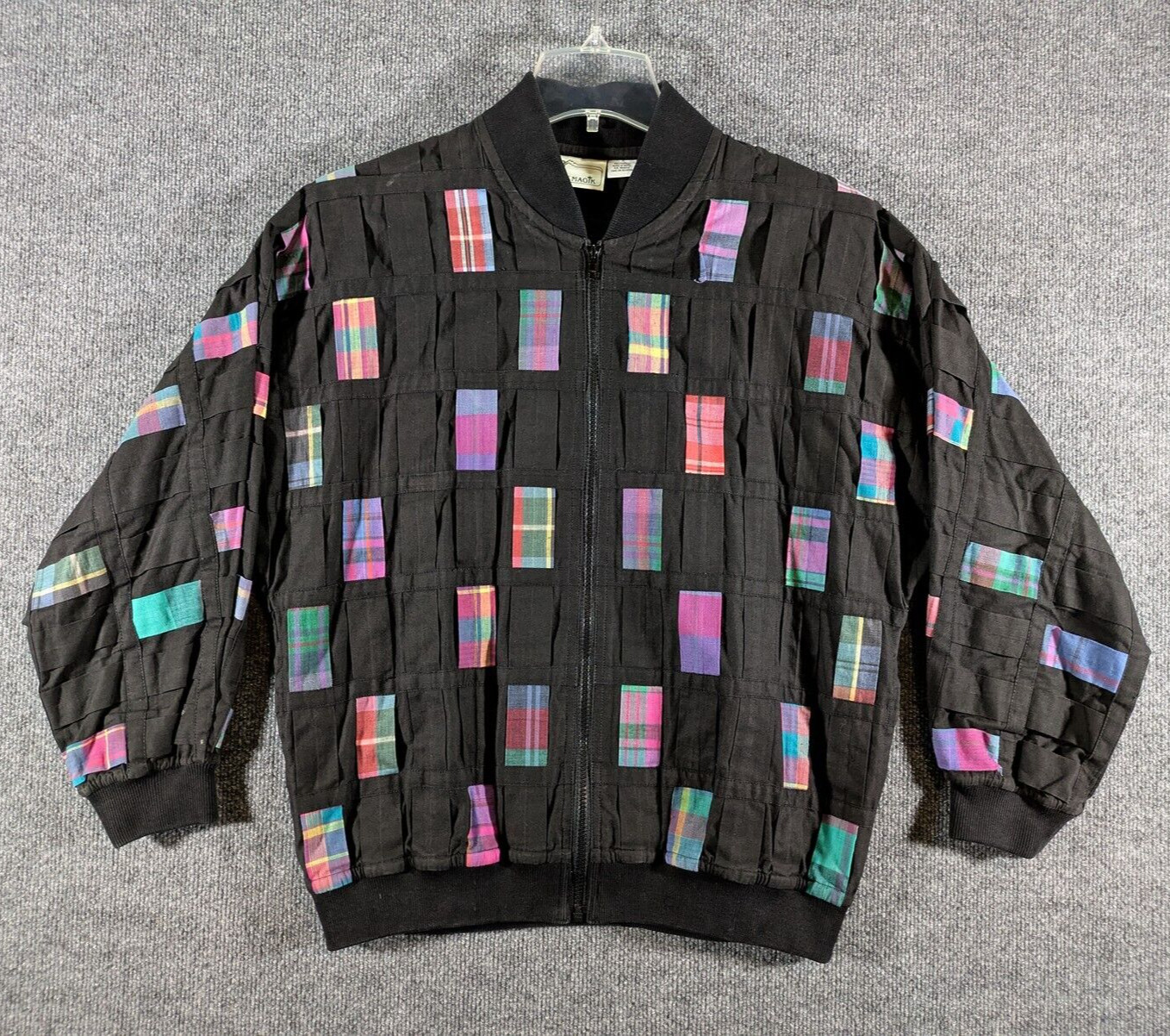 YAK MAGIK Bomber Jacket Coat Plaid Woven Patchwork Black Full Zip Women’s Large