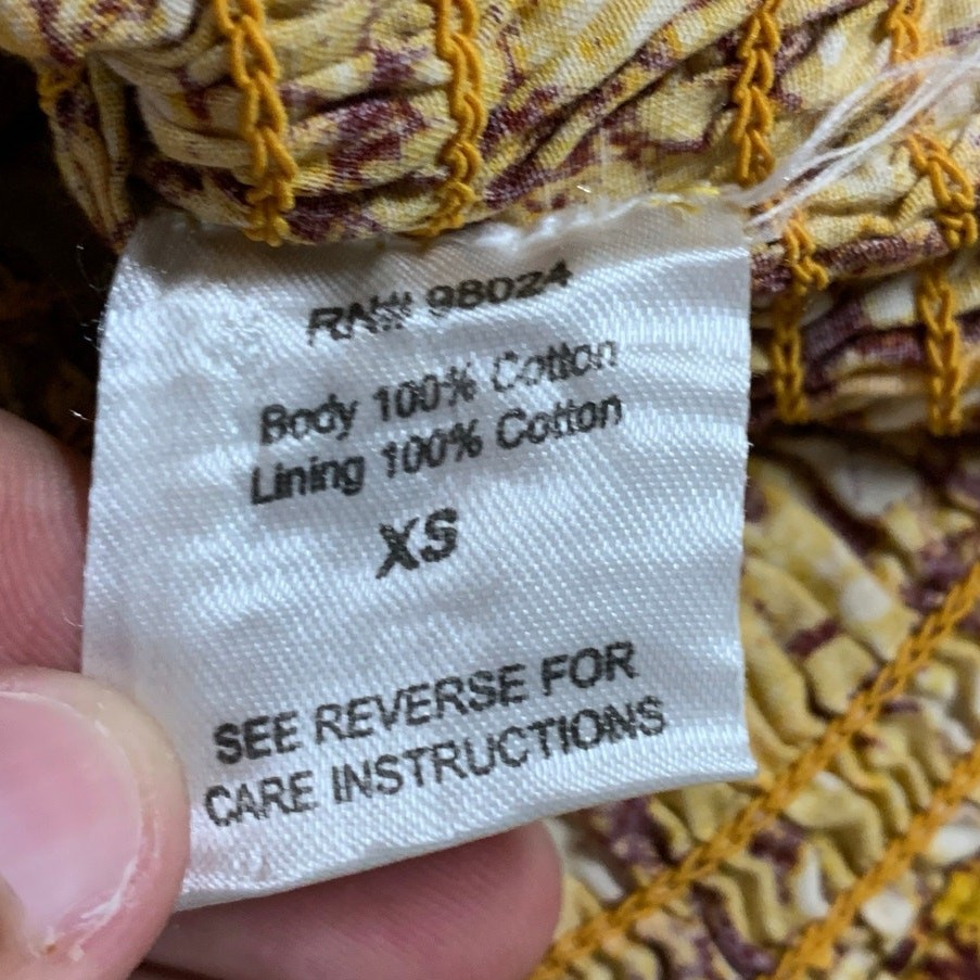 Love the Label XS Abstract Smocked Blouse Gold Scoop Neck Anthropologie Fall