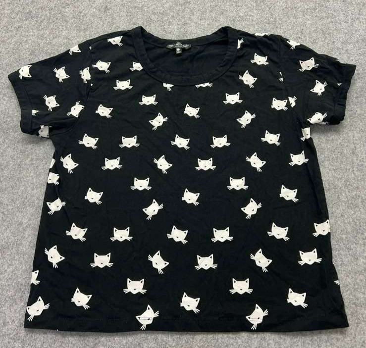 Women’s Cat Print T-Shirt Black Short Sleeve Graphic Tee Size Large