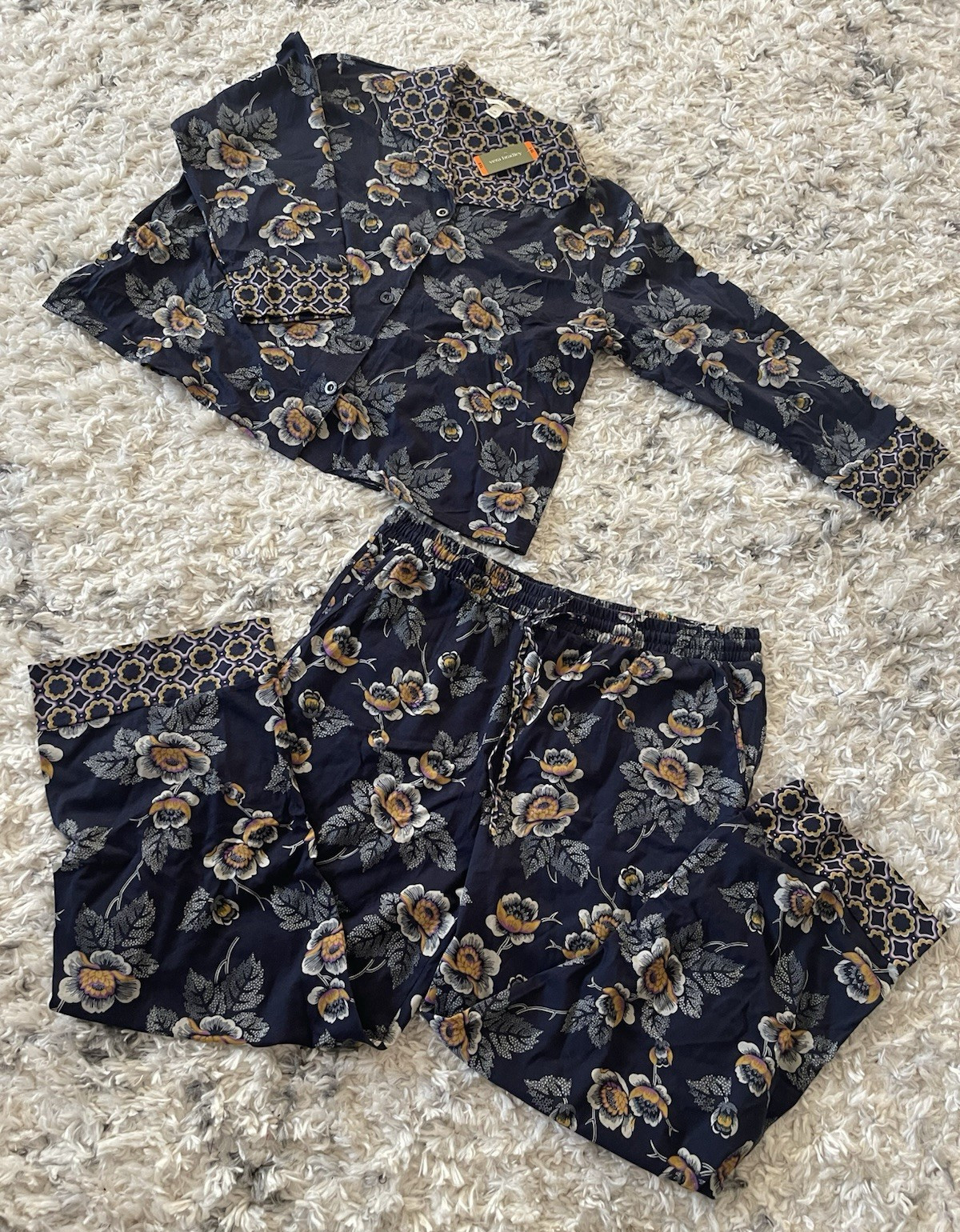 Vera Bradley 100% Cotton Womens XXL Navy Floral Button-Front Pajama Set Pockets
