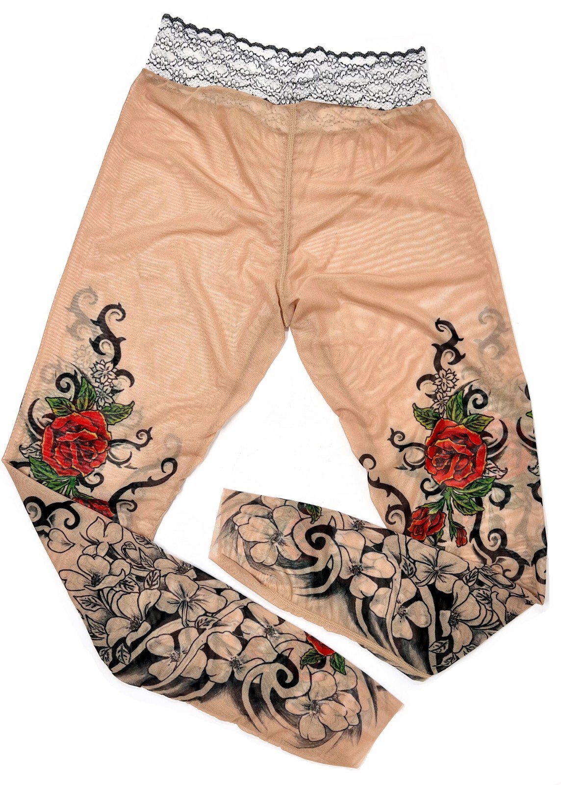 Wild Rose Ladies FLAMENCO Tattoo Leggings Tan Mesh Red Rose Black Water