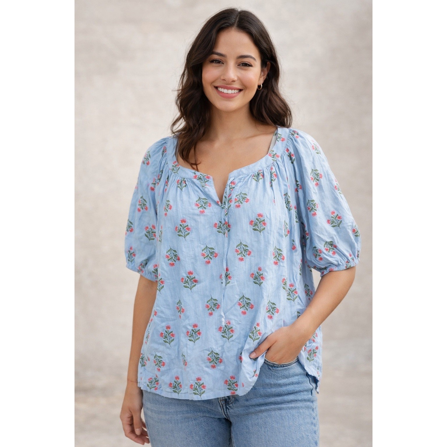 St John’s Bay Womens Blouse 2X Blue Floral Puff Sleeve Peasant Cotton Rayon Top