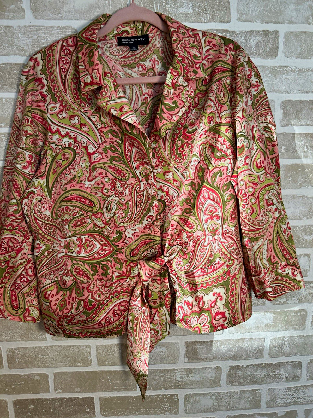 Jones New York Pink Green White Paisley Silk Collared Tie Front Blouse L