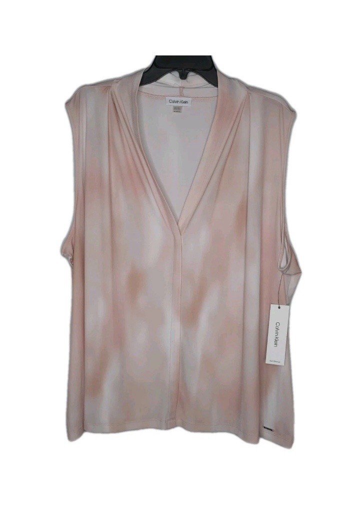 Calvin Klein Womens Top White Pink Peach V-neck Sleeveless Size 3X New!