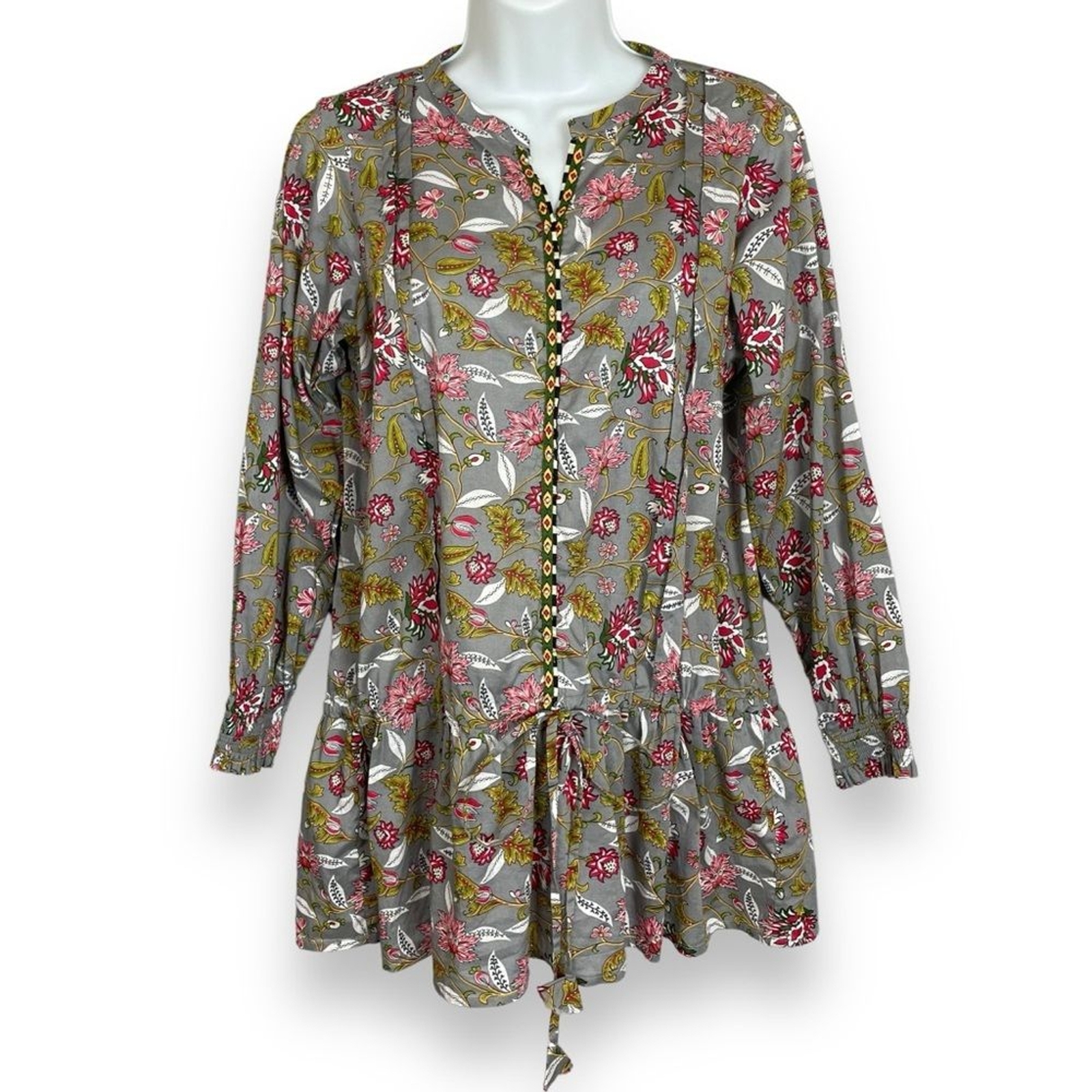 Sapphire Tunic Top Beaded Floral Pakistan Gray Long Sleeve Drawstring Cotton Med