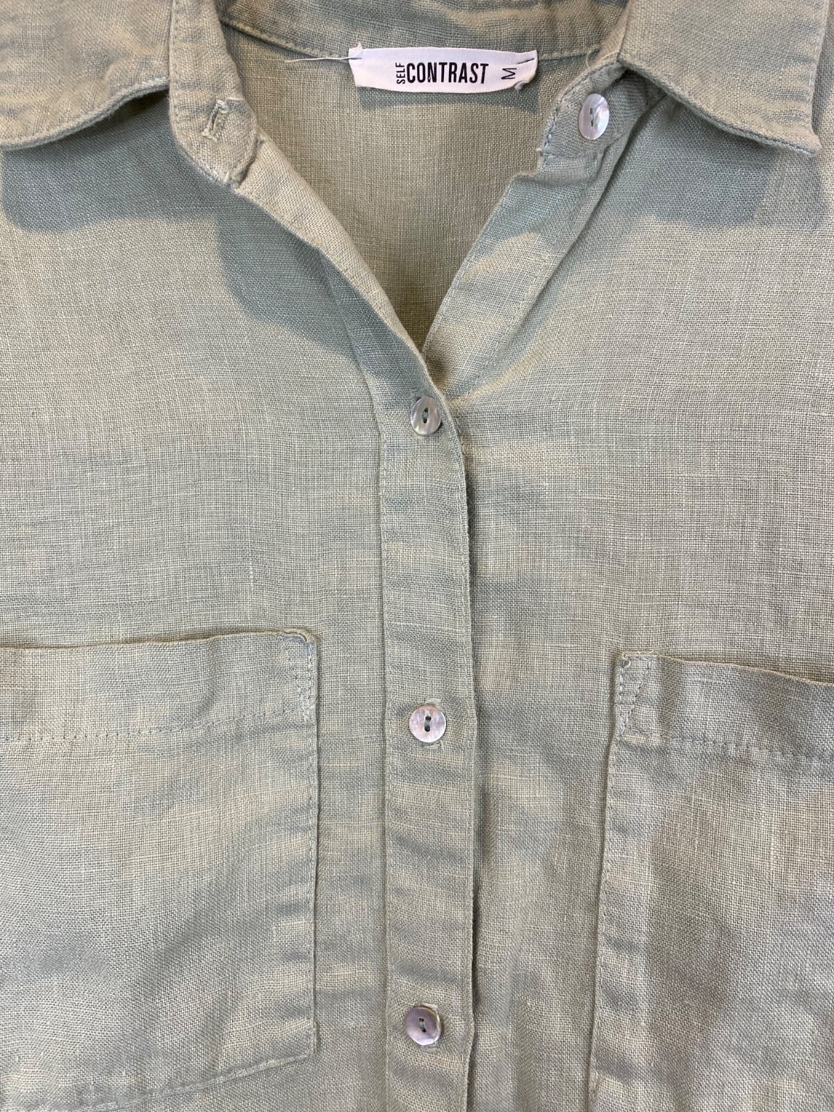 Self Contrast Light Green Linen Shirt Button Front Pockets Long Sleeve Medium