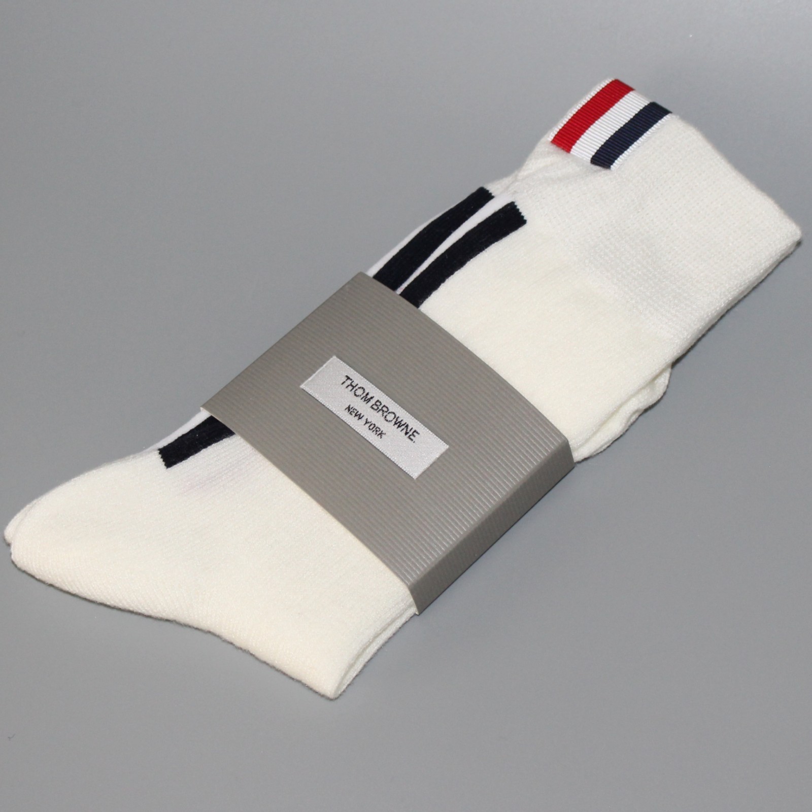 Thom Browne Mid Calf Length Jersey Intarsia Pointelle Socks W/ RWB White