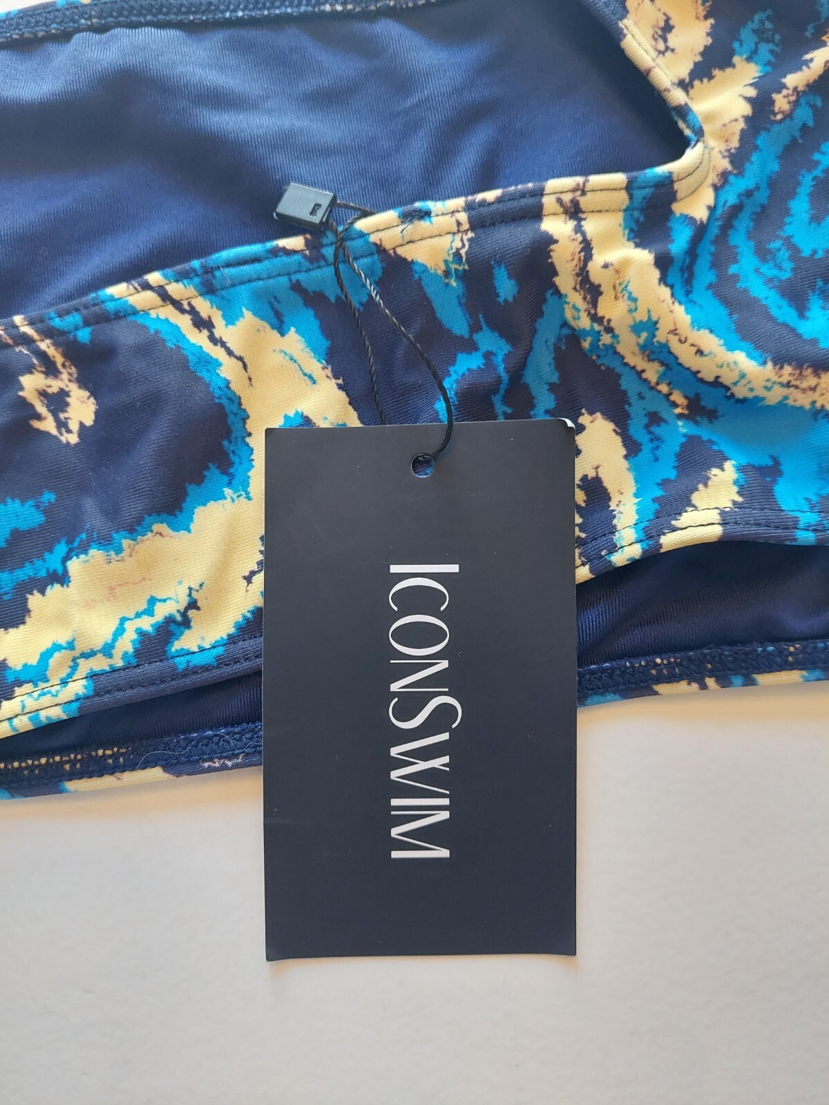 NWT Icon Swim Diagonal Strap Bakini Top, Blue And Tan Color, Size XL