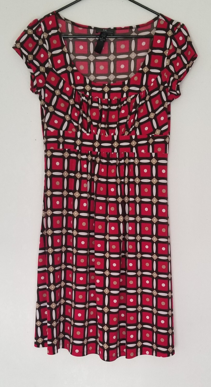 IZ Buyer California Red Multicolor Geometric Cap Sleeves Shift Dress Size LARGE