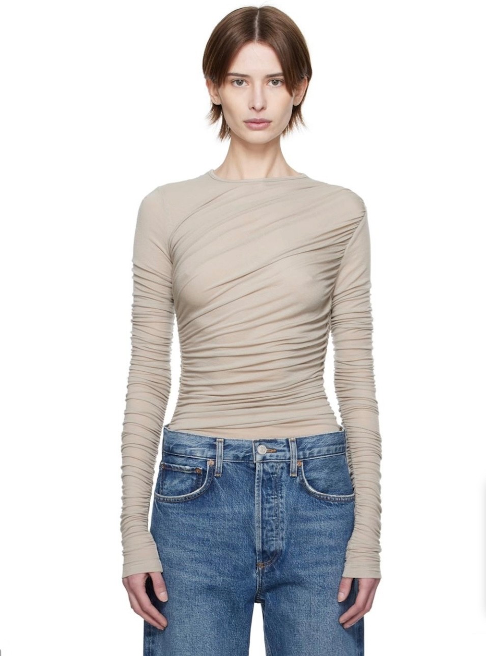AGOLDE Tania Twist T-Shirt Taupe Grey Ruched Asymmetric Long Sleeve Top Size L