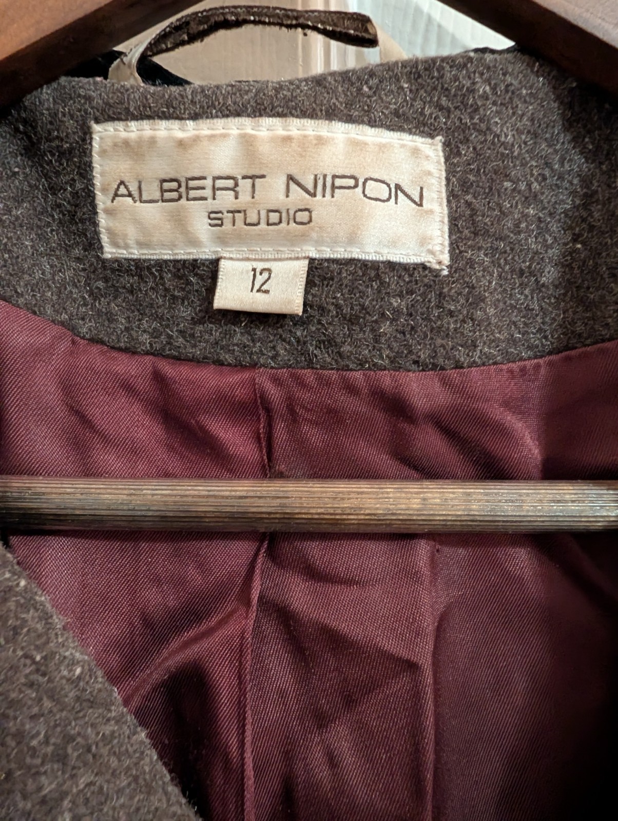 Albert Nipon Studio Dark Brown Wool Hooded Button Front Long Overcoat Size 12