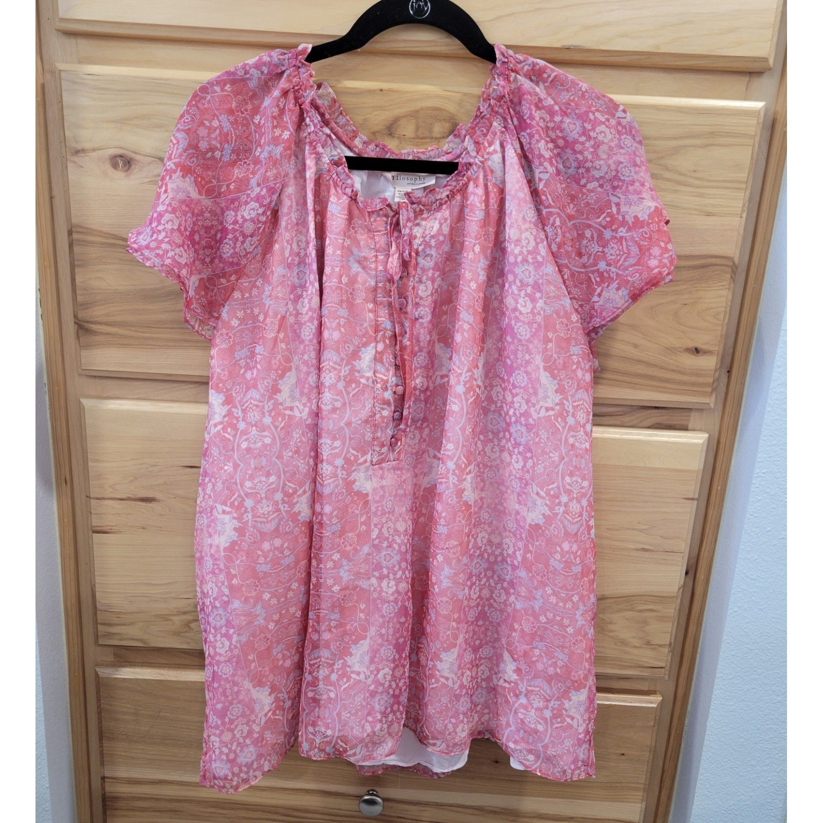 Women’s Philosophy Plus Size Button Front Tie Top with Tiered Sleeves 2X