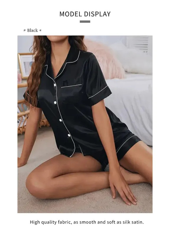 Women’s Pajamas Set Satin Sleepwear Button Down Tops and Shorts Pajama 2