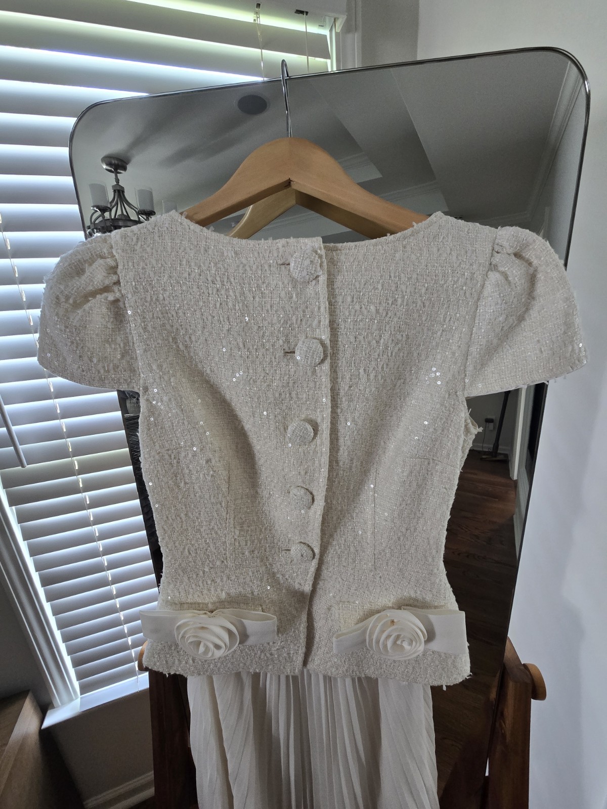 self-portrait Cream Bouclé Bow Button Pleated Midi Dress Crew Neck Size 4