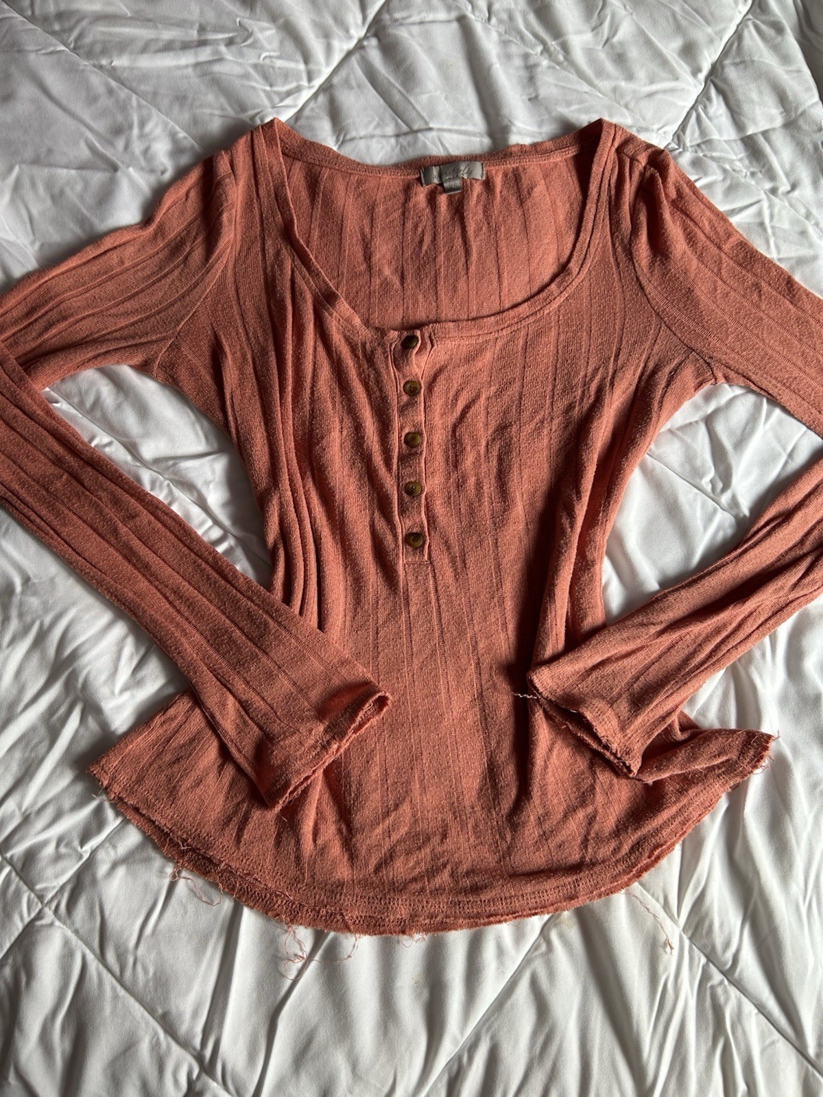Wonderly Orange Ribbed Knit Button Henley Scoop Neck Top Women’s XS