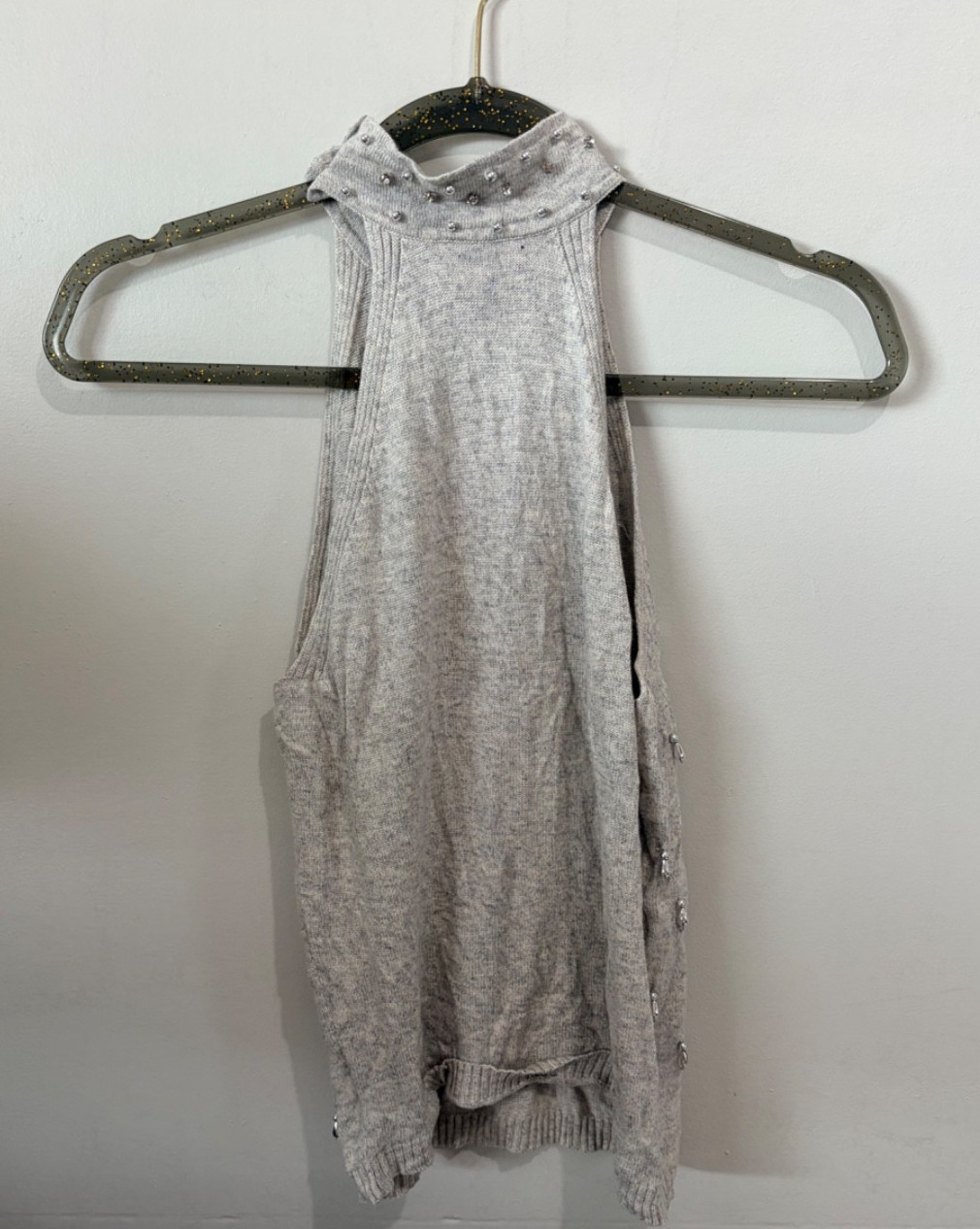 Moda International Silk Cashmere Beaded Halter Sweater Tank Top Gray Size S