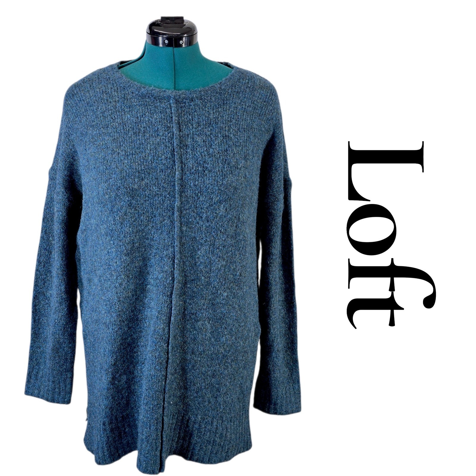 Loft Blue Marled Wool Blend Tunic Sweater Center Seam Crew Neck 443181 L