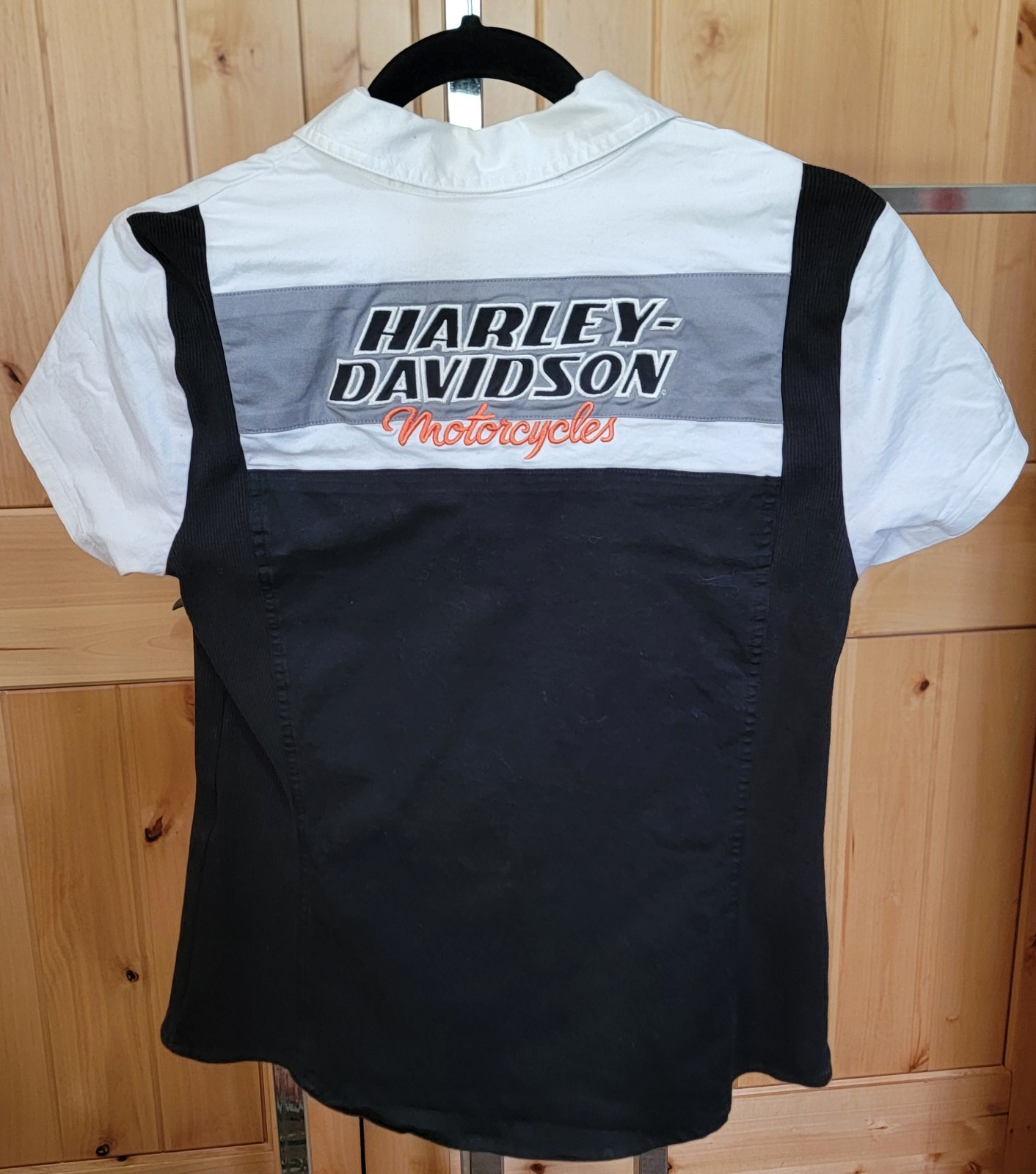 Harley Davidson Women’s Racing Shirt-Short Sleeve Zip Front-S–Black/White/Gray