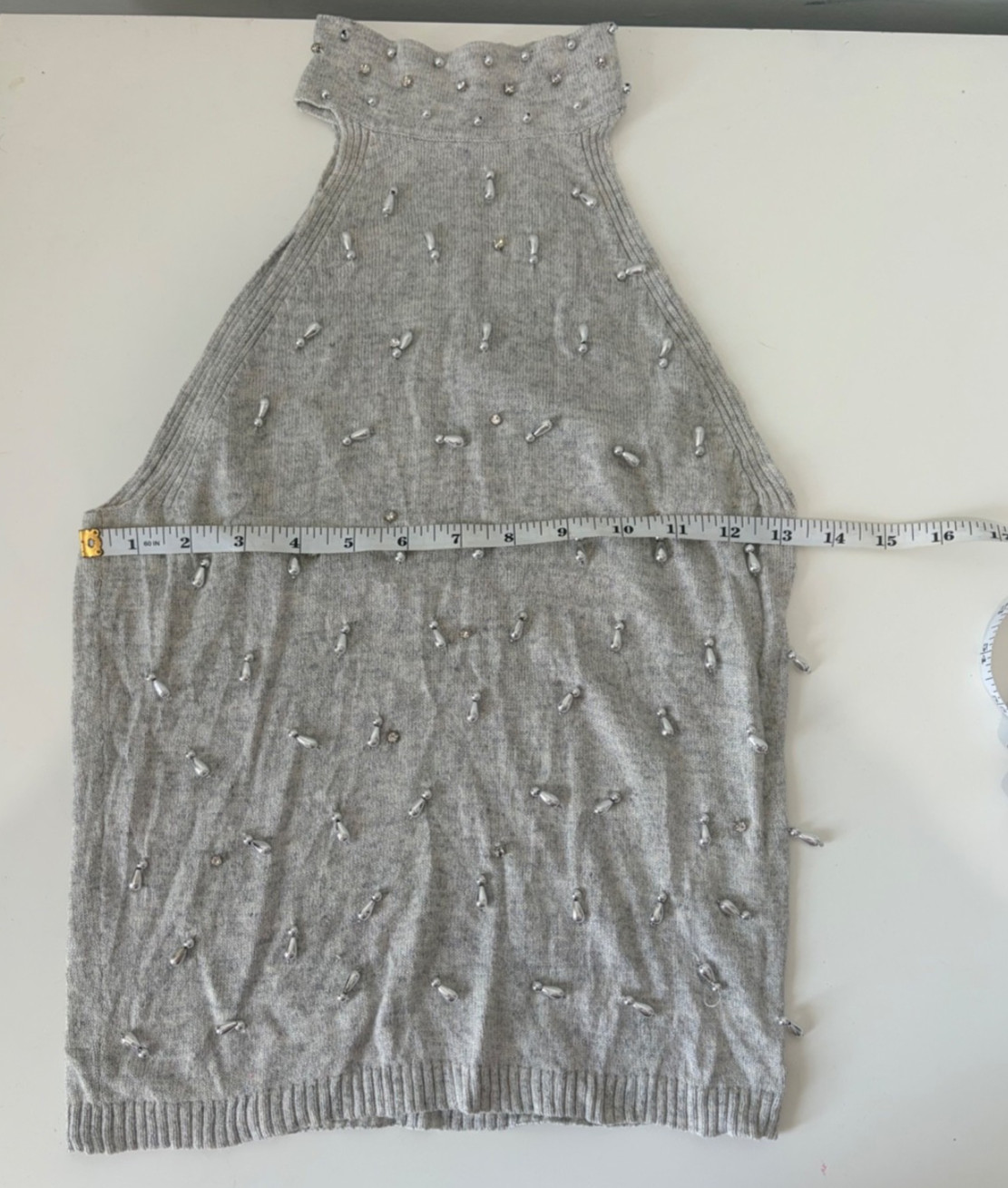 Moda International Silk Cashmere Beaded Halter Sweater Tank Top Gray Size S