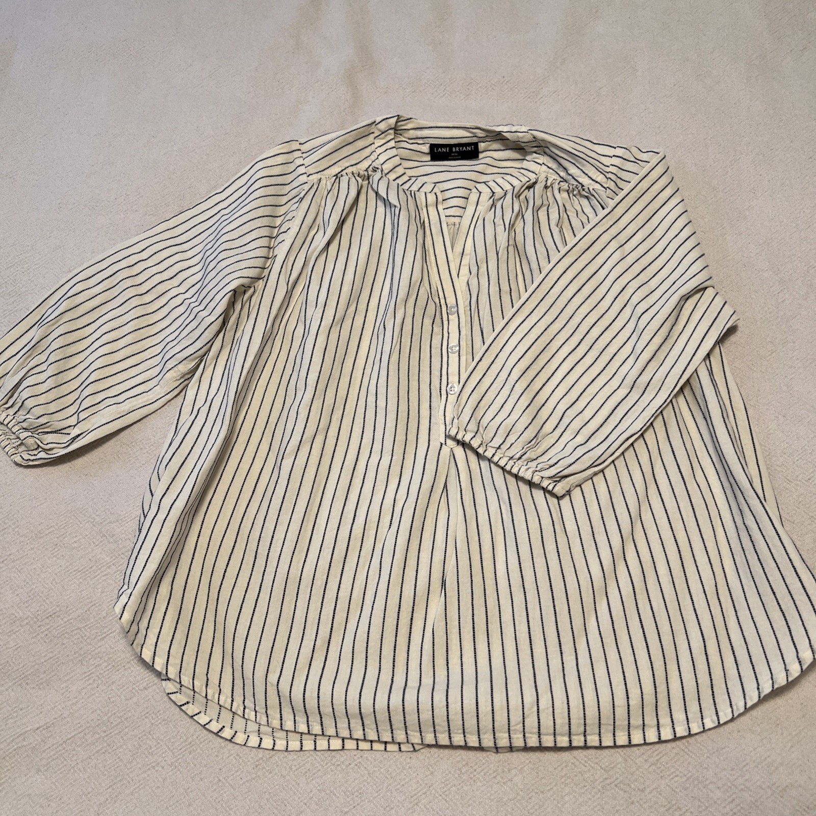 3/4 Sleeve 100 Cotton Cottage Cream Navy Embroidered Stripe Button Up