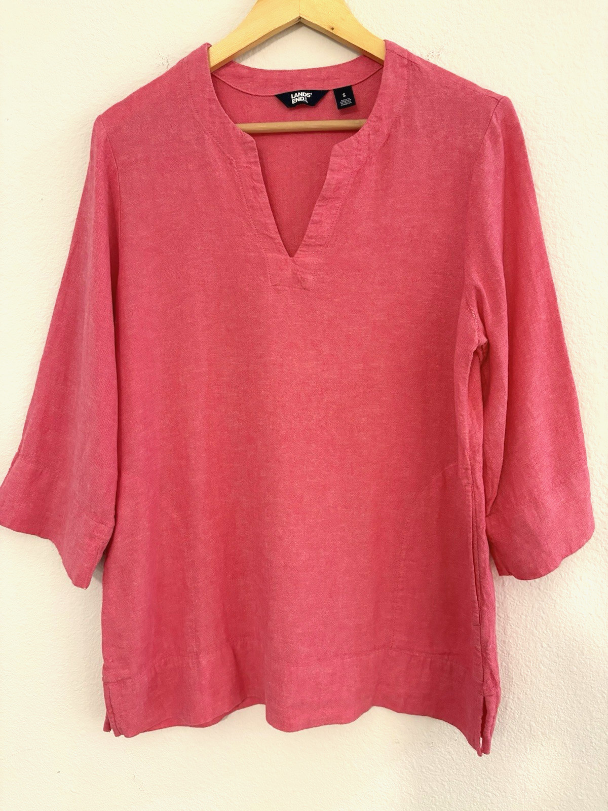 Lands End Womens Blouse 3/4 Sleeve Linen Blend Pockets Pink Sz S