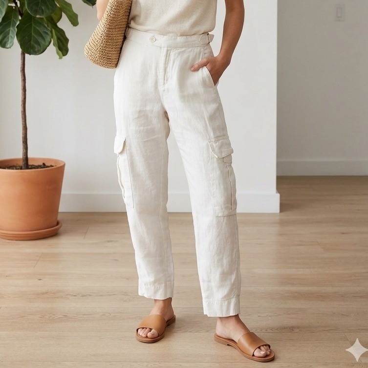 Banana Republic Off White 100% Linen Old Money Cargo Pants High Rise Size 6