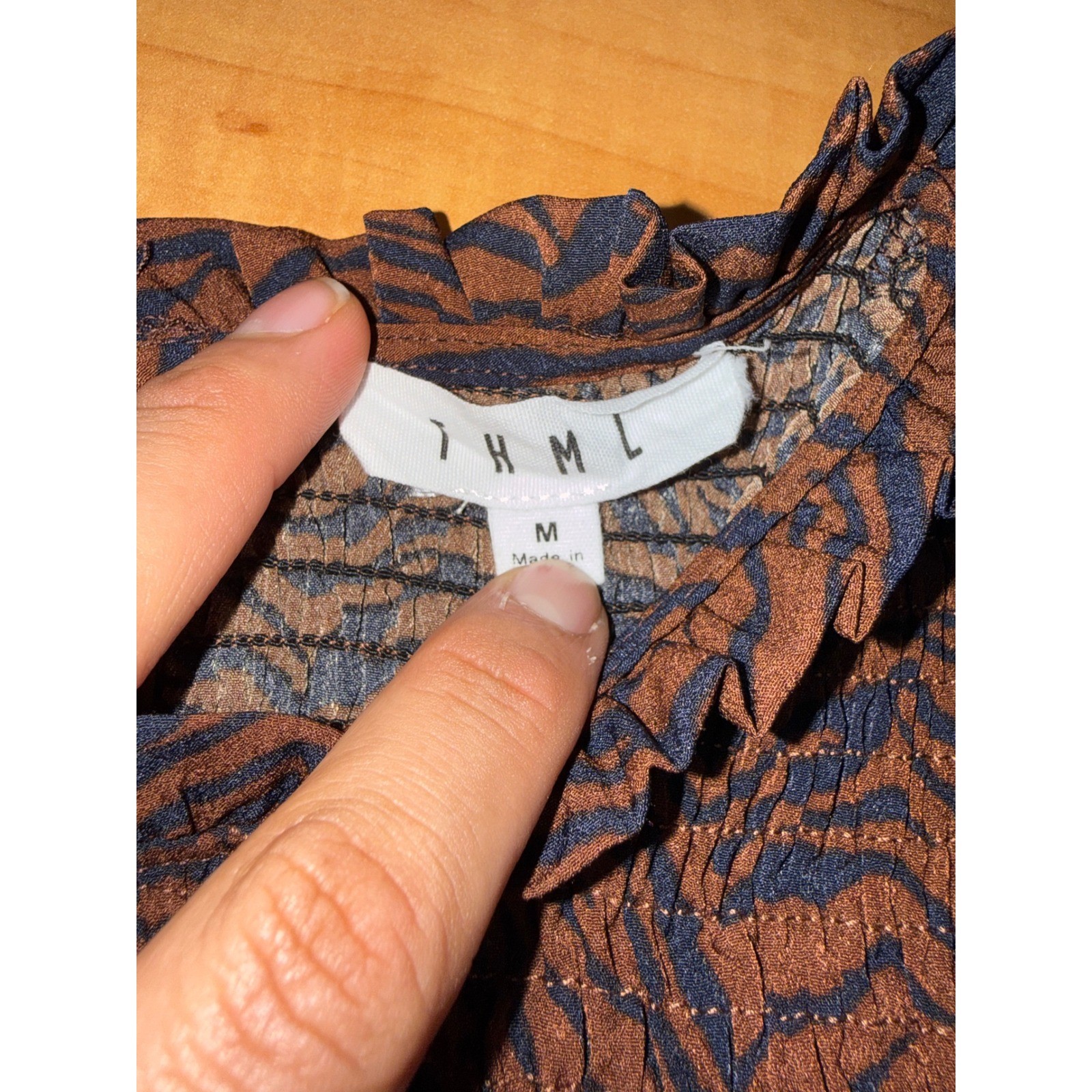 THML Zebra Print Smocked Peplum Blouse Brown Black Mock Neck Top M