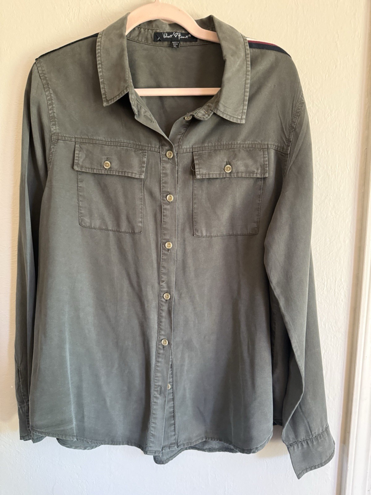 Velvet Heart Womens XL Green Solid Woven Collared Button-Up Shirt Pockets
