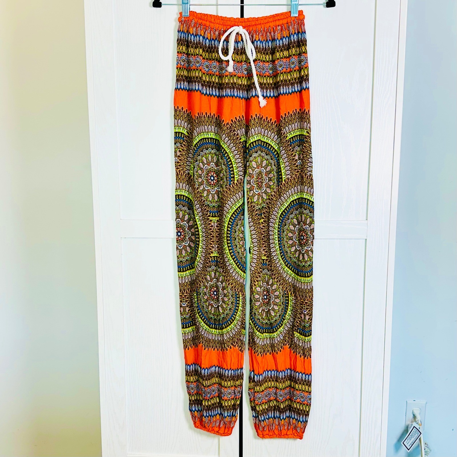Orange Mandala Print Harem Pants Boho Hippie Cotton Joggers Made in Thailand OS