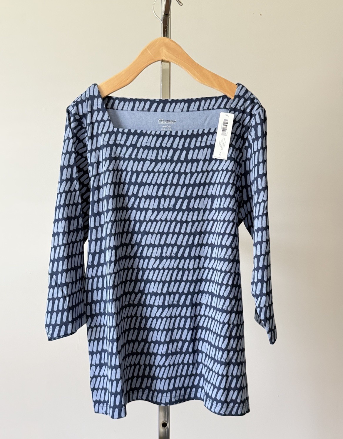 Chicos Ink Spots Square Neck Top NWT Dusk Navy Blue 3/4 Sleeve Size 2 L 12-14