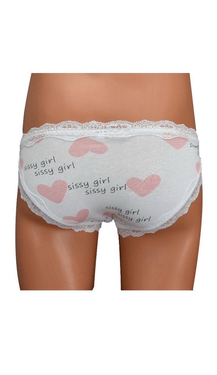 Women’s White & Pink Heart Print Bikini Panties Lace Trim Bow Accents