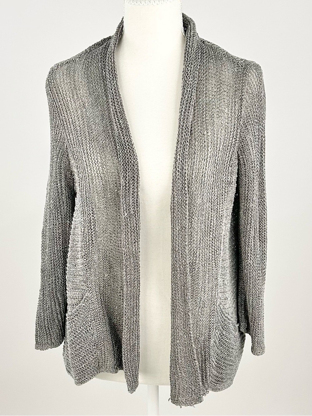 Eileen Fisher Variegated Linen Silk Open Knit Cardigan Gray XS