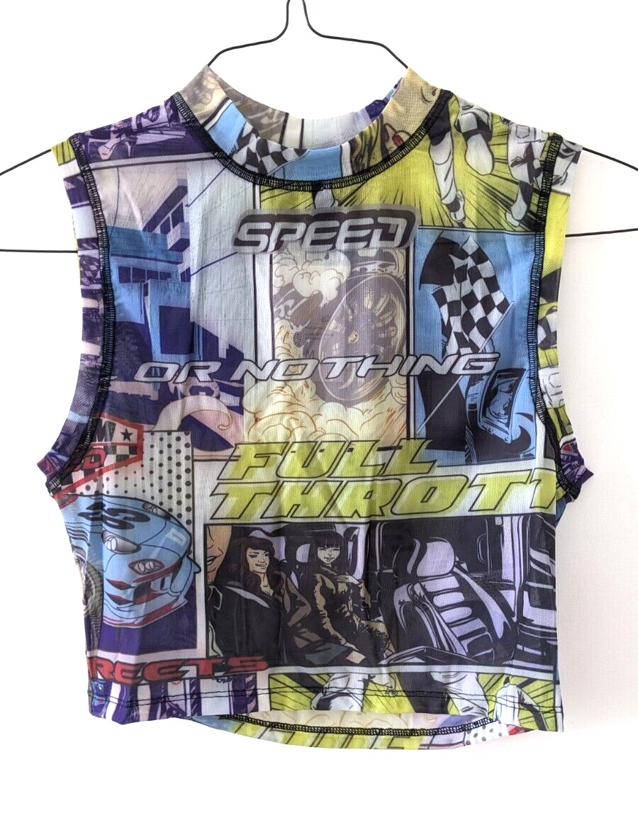 Comic Book Graphic Print Mesh Crop Top Shirt woman’s MEDIUM 80s 90s Y2K street