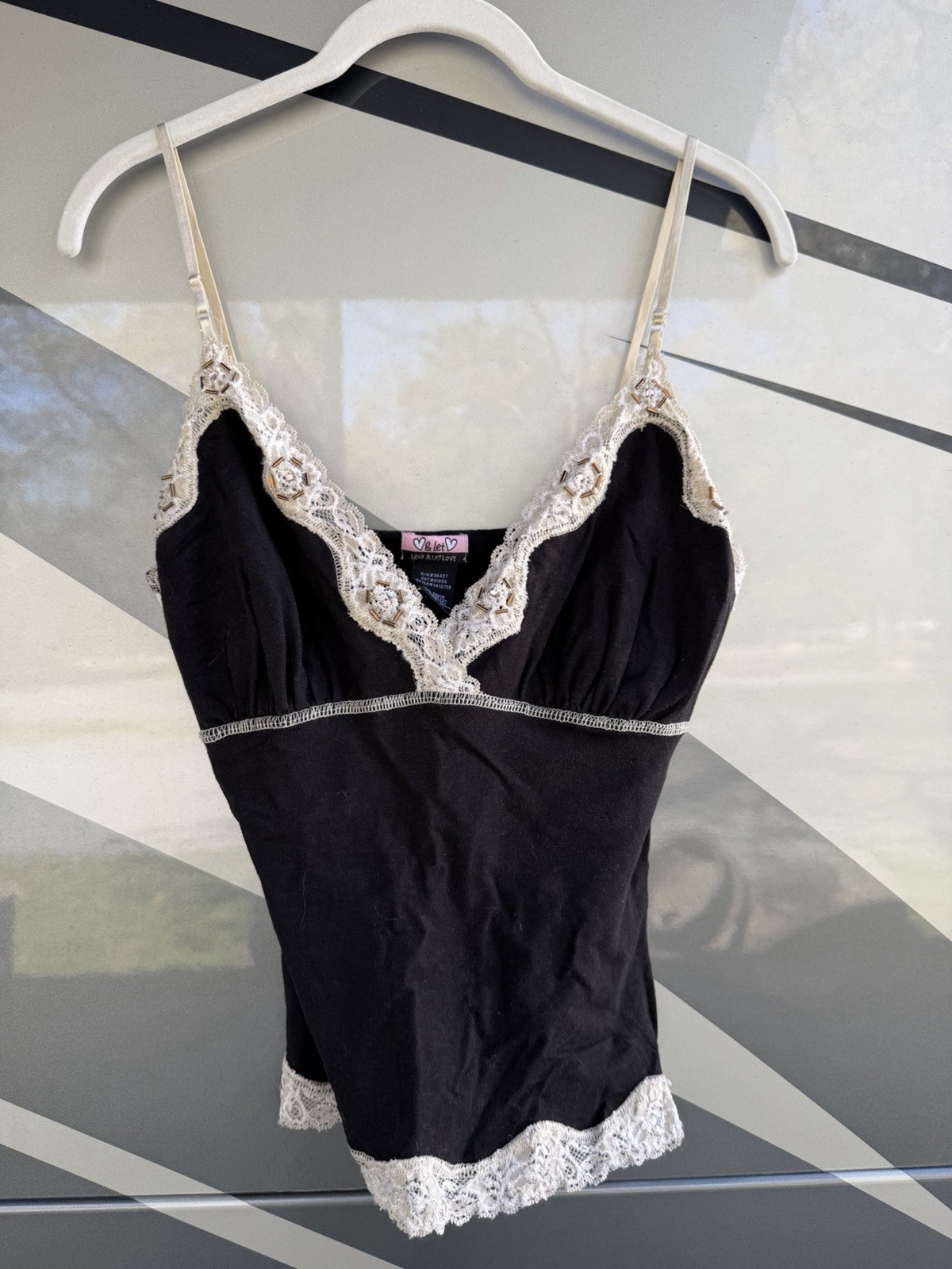 Vintage Y2K Love Let Love black babydoll lace beaded camisole built-in bra M