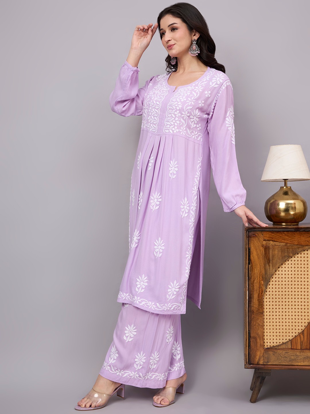 Women’s Rayon Chikankari Kurta Palazzo Set Lavender, Hand Embroidered, Ethnic
