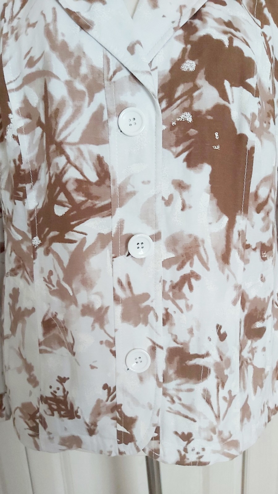 Oscar B. Edition Linen Blend Jacket UK 20 White & Mocha Abstract 3/4 Sleeve