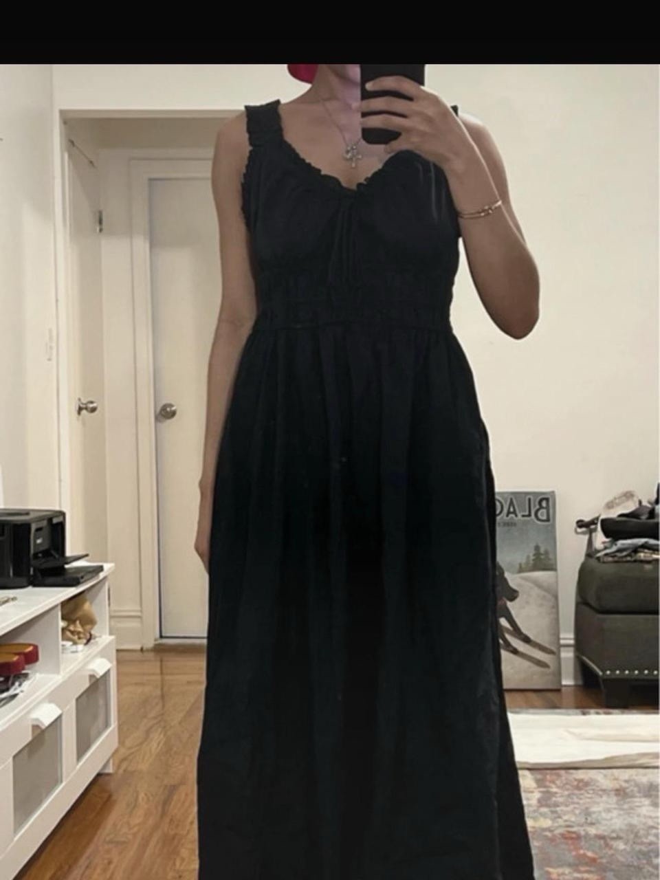 GAP Women’s Black Solid Maxi Dress Smocked Waist Ruffle sz S