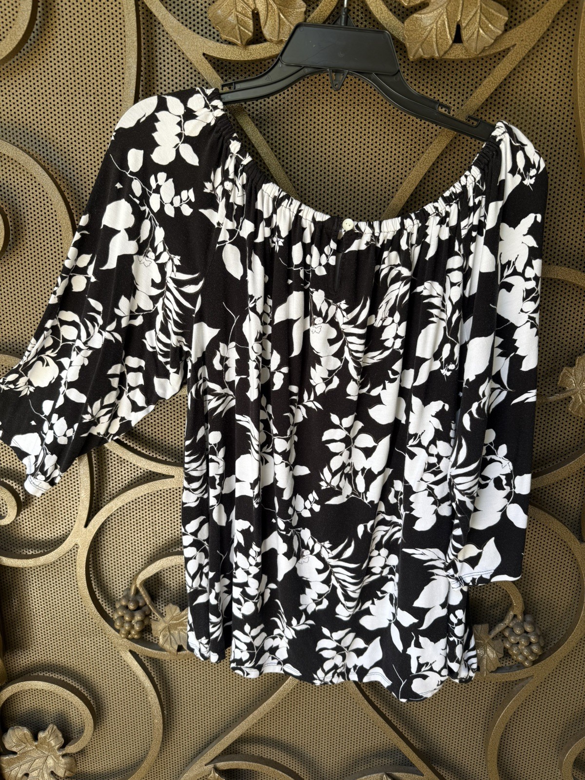 J. Jill Wearever Collection Women’s Top Black White Floral 3/4 Sleeve Size XL